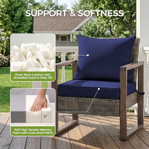 Image of UNIKOME 22 inchx22 inchx3 inch Outdoor Chair Cushions Set - Waterproof Patio Cushions for Outdoor Furniture with Removable Cover, Ties & Handle, Deep Seat Patio Cushions for Sofa Couch - Navy