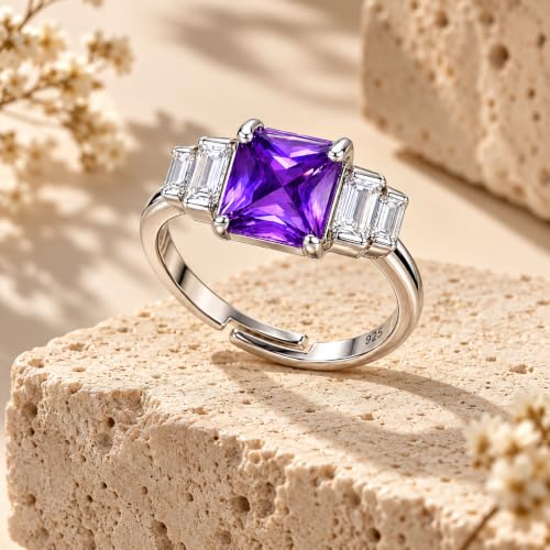 Image of KYAT 925 Sterling Silver Adjustable Ring for Women | Square Princess Cut Purple Amethyst Zircon Stone | Baguette CZ Side Stones | Valentine Gift, Birthday Gift for Girls | Free Size Ring