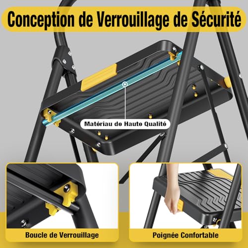 URACKIFY Escabeau 2 marches Pliable 150kg Charge maximale,Echelle Verrouillage, pédales Larges accoudoirs escabeau escamotable légères pour la Maison, Cuisine, Placard et Bureau,Noir – vue 4