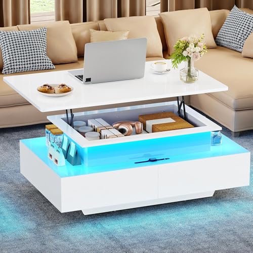 YITAHOME LED Lift Top Coffee Tables for Living Room, High Glossy Coffee Table with Storages 4 Spacious Drawers, Modern Rectangle Coffee Tables Small Center Table for Home Office, Glossy Whit