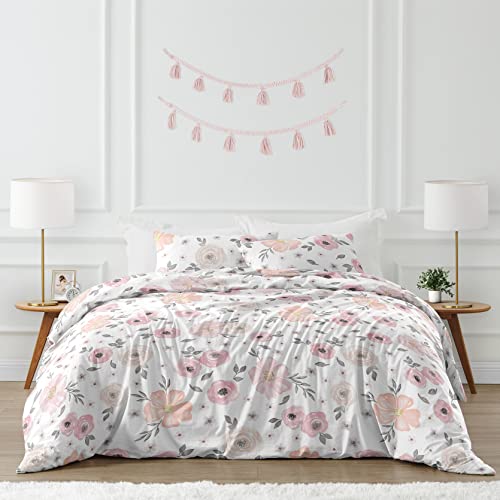 Image of Sweet Jojo Designs 3-Piece Queen Comforter Set (Pink /Grey Boho Floral) for Girls, Kids, Teen, Adult Bed Room incl. Full Size Bedding Sets & Sham (Watercolor, Flower, Elegant Rose, Farmhouse, Nature)