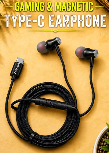 Image of Gaming Type-C Wired Earphone with Mic, 10mm Dynamic Bass Driver, Magnetic in-Ear Headphones, Low Latency Sound for Gaming, 3 Button Control, HD Calling, Voice Assistant (Deep Black)