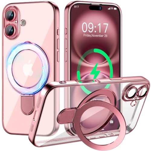 Image of Magnetic for iPhone 16 Plus Case with Invisible Stand[Compatible with MagSafe][Full Camera Lens Protector][Military Drop Protection] Shockproof Not Yellowing Clear Slim Soft for Women Men