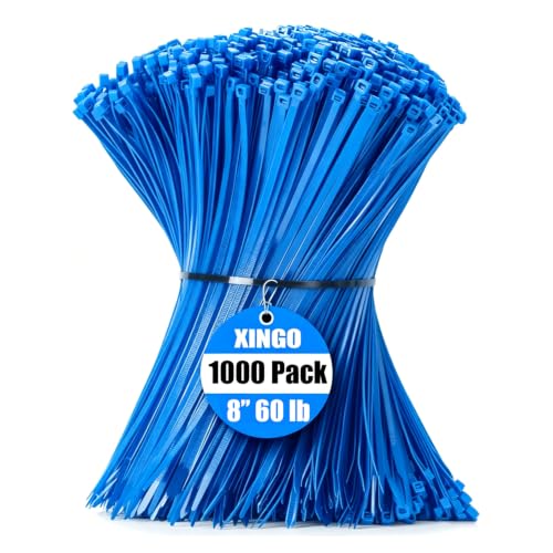 Image of XINGO 1000 PCS Blue Zip Ties 8 Inch, 60 LBS Tensile Strength, Self-Locking Nylon Plastic Nylon PA66 Wire Ties for Indoor and Outdoor Use