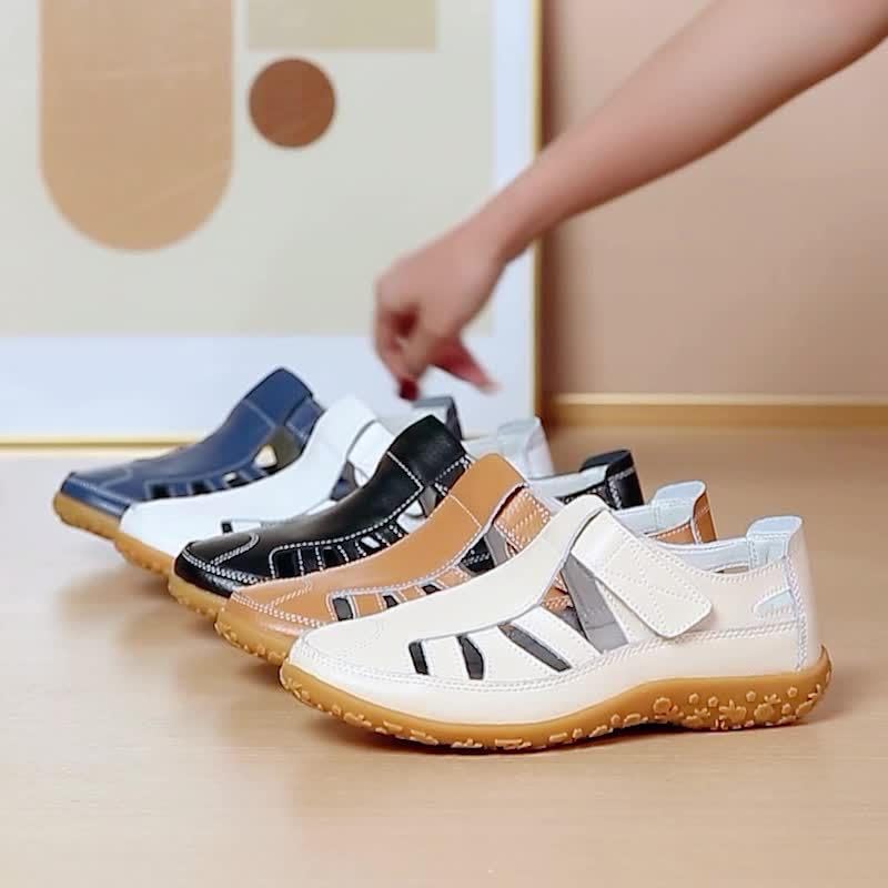Non Slip Closed Toe Women's Retro Flat Sandals, Solid Color Hook & Loop Casual Outdoor Shoes2