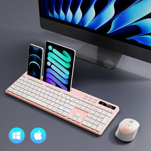 Wireless Keyboard and Mouse Combo, Soueto 2.4G Full-Sized Computer Keyboard with Phone Tablet Holder, 22 Multimedia Shortcuts, Numeric Keypad, 6 Button Silent Mouse for Windows, Mac (Pink) Wireless Keyboard and Mouse Combo, Soueto 2.4G Full-Sized Computer Keyboard with Phone Tablet Holder, 22 Multimedia Shortcuts, Numeric Keypad, 6 Button Silent Mouse for Windows, Mac (Pink)