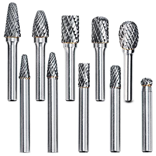 Rokrou Carbide Burrs Set Die Grinder Bits Tungsten Steel Double Cut 10PCS Rotary Files Bits with 1/4′ Shank Grinders Power Tools for Carving Polishing Drilling Grinding Milling
