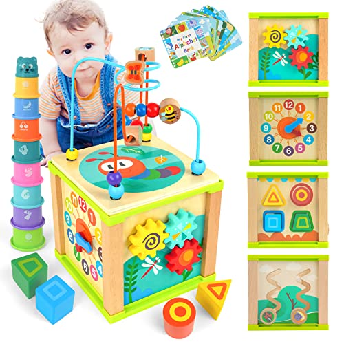 WOOD CITY Wooden Activity Cube for Toddlers 1-3, 7-in-1 Montessori Toys Gift Set for 12+ Months Boys & Girls, Educational Learning Toys for 2 Year olds, One Year Old Baby Birthday Gifts