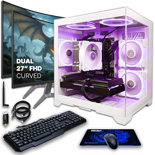 Image of SAAV CORE Prebuilt Gaming PC Bundle Desktop Tower AMD Ryzen 7 5800X GeForce RTX 5060 8GB GDDR7 Dual Curved 27in Monitors 16GB DDR4 512GB NVMe SSD WiFi 6 Windows 11 Black RGB Computer PC Gaming