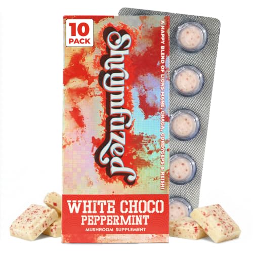 Shrumfuzed Mushroom Chocolate | Nootropic Mushroom Supplement with Lion's Mane, Reishi, Cordyceps & Chaga | 10 Count, White Chocolate Peppermint