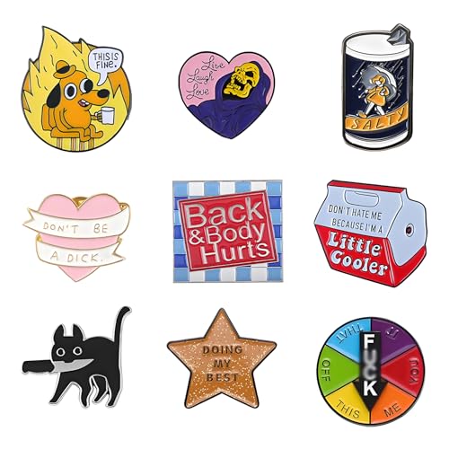 9 PCS Funny Enamel Pins Set Cute Durable Pin Badges Brooch Aesthetic Cartoon Brooch Pin Suitable for Lapel Backpacks Jackets Hat Bags Novelty Accessories Gifts