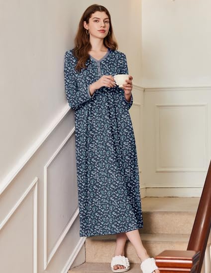 Ekouaer Women's Long Sleeve Nightgown Full Length Sleepwear Long Sleepshirts Henley Sleep Dress S-4XL - Image 3