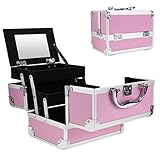 Binxin Professional Small Makeup Train Case - Cosmetic Box with Adjustable Dividers - 3 Extendable Trays Aluminum Make Up Artist Organizer Kit With Mirror