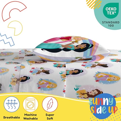 Image of Sunny Side Up Disney Princess Twin Sheet Set - 3 Piece Kids Bedding Set Includes Pillow Cover - Super Soft Rainbow Microfiber Sheets Features Moana, Belle & Rapunzel