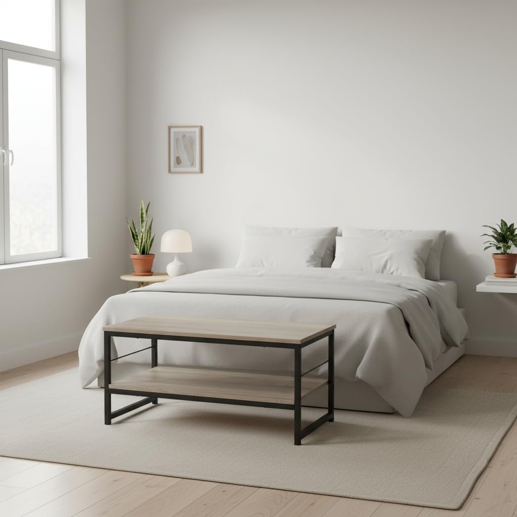 INDE MOBLEKIT | Tavolino rettangolare 80x40x38 cm con 2 ripiani, struttura in metallo nero e piano in legno opaco, tavolino laterale per soggiorno, ripiano basso o tavolino da caffè