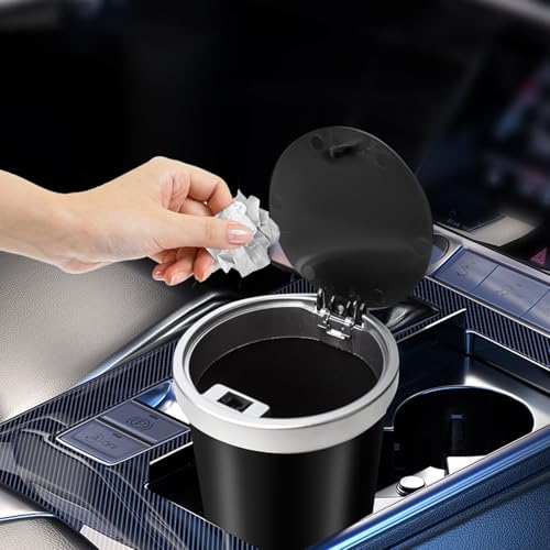 Image of Car Garbage Can Cup Holder Mini Trash for Car with 90 Pcs Black Bags Small Car Trash Bin Push to Open Lid Auto for Car Accessories Home Office Bedrooms Black Silver