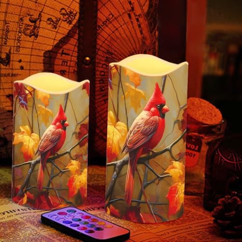 Image of Autumn Cardinal Color Changing Flameless LED Candles Set of 4 | Fall Maple, Battery Operated Fake Candles with Remote Control, Flickering Flame Home Holiday Party Centerpiece Decor