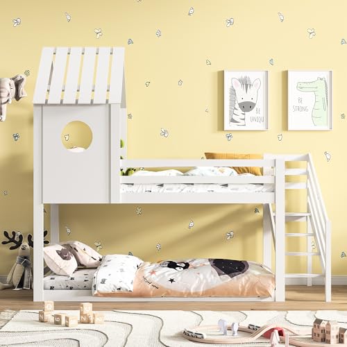 Etagenbett 90x200 cm, Hochbett mit Treppe, Doppelstockbetten mit rausfallschutz, Kinderbett Holzbett mit Fenster und Dach, Hausbett mit Lattenrost,Wackelsicher und Kippgeschützt, Weiß – Bild 6