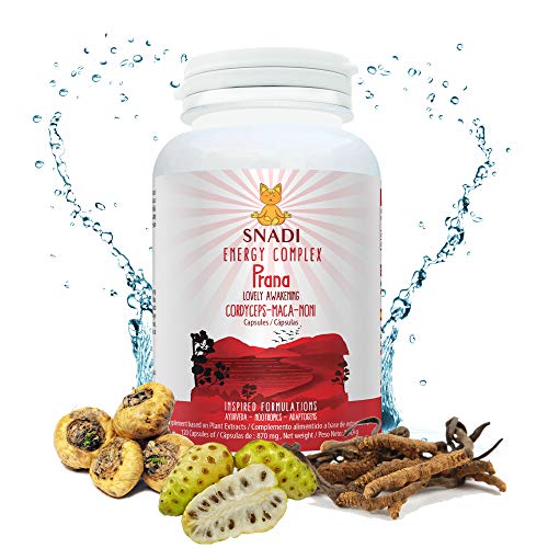 Adaptógenos: Cordyceps, Maca y Noni l 120 capsulas - 600 mg I Potencia el estado de ánimo, regula el sistema nervioso y muscular y consigue más energía. Vegano. Prana de Snadi.