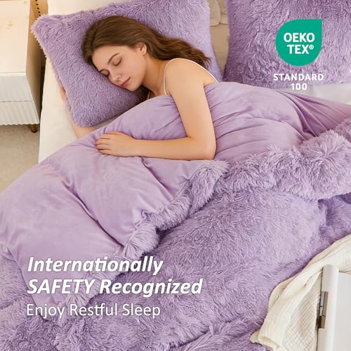 Image of EMME Luxury Purple Fuzzy Duvet Cover Set King Size 3 Pieces Fluffy Comforter Cover Set for King Bed Shaggy and Plush Soft Bedding Duvet Covers (Purple, King)