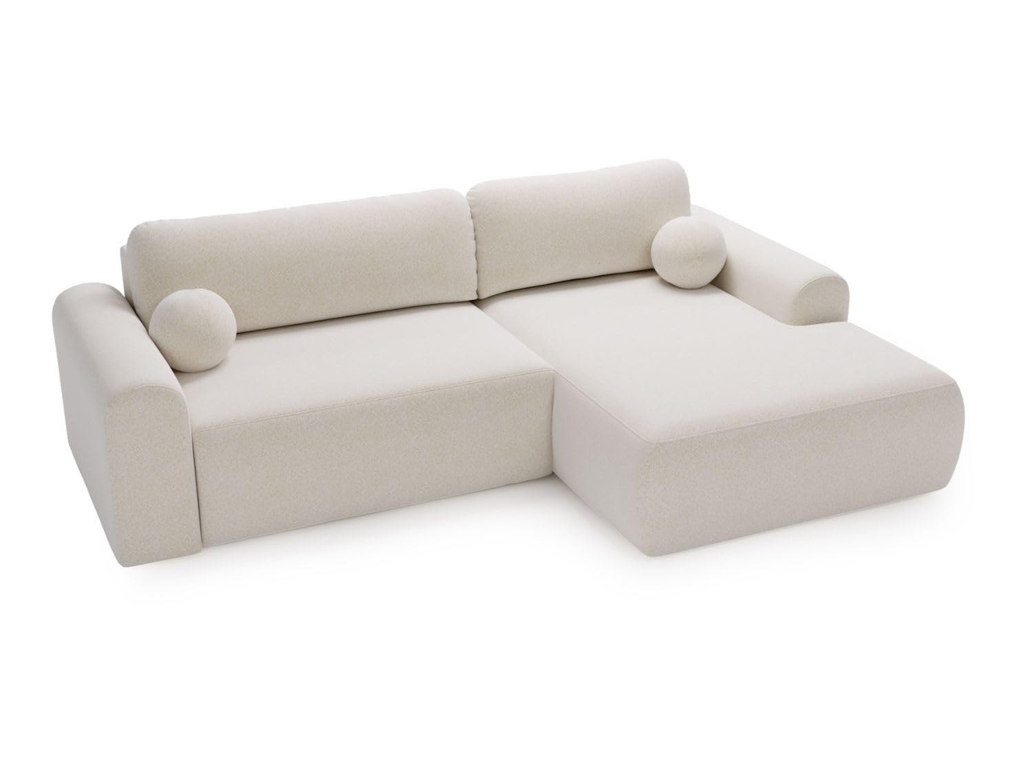 GRAINGOLD Savana L 257x177 cm, L-Form Sofa, Schlafcouch für Wohnzimmer, Bouclé-Stoff, 3-Sitzer Eckcouch, Ecksofa mit Bettkasten (Weiß, Rechts)