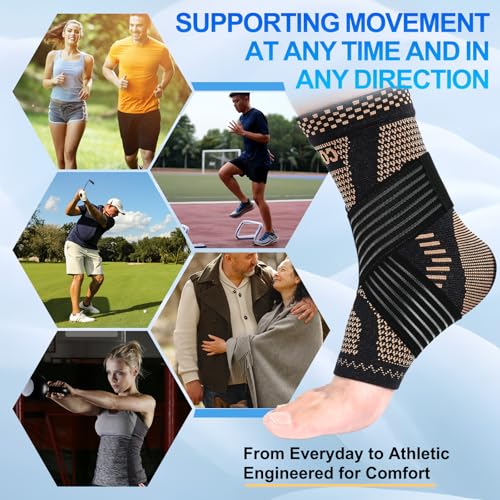 Image of LISEPWU Copper Ankle Brace with Adjustable Compression Bandage, Ankle Support Compression Sleeve for Men & Women, for Foot Pain, Sprained Recovery, Achilles Tendonitis, Sports Protection(Black XL)