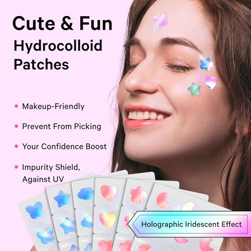 Image of Sosky Hologram Pimple Patches for Face, Hydrocolloid Acne Patches with Salicylic Acid, Cute Star Zit Stickers,Colorful Blemish Covers,48 Count Pink Moon Flower