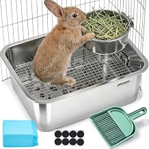 NEWTRY 304 Stainless Steel Rabbits Litter Box, 15.7"x 11.8"x 5.9" Small Animal Toilet Pan with Sifting Tray & Broom & Hanging Feeder, Steel Metal Grid & High Side & Non Slip Mat for Bunny, Guinea Pig