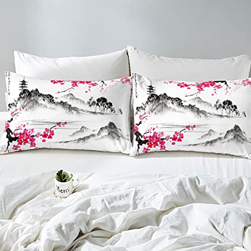 Japanese Style Cherry Blossoms Duvet Cover Set Watercolor Ink Painting Bedding Set Single For Girls Women Teens Adults Decor Pink Flowers Landscape Beds Set including Zipper - Image 2