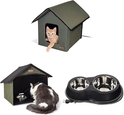 K&H PET PRODUCTS - Casa climatizada para gatos de exteriores, con cuencos Café térmicos para comer, color oliva