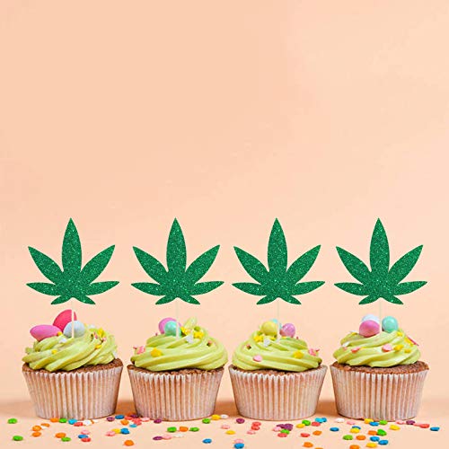 Innoru Pack Of 24 Pot Leaves Cupcake Toppers - Glitter Hemp Leaf Cake Toppers - Pot Weed Leaves 420 Birthday Baby Shower Party Supplies For Cupcake Toppers - Green #TOP5