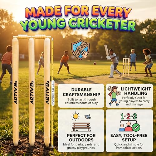 Image of Wooden Cricket Wicket Set Full Size with 1 Base, 2 Bails & 3 Wickets
