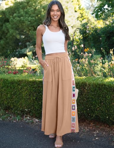 Image of TARSE Womens Wide Leg Linen Pants Summer Casual Drawstring Loose Lounge Palazzo Crochet Panel Pant with Pocket