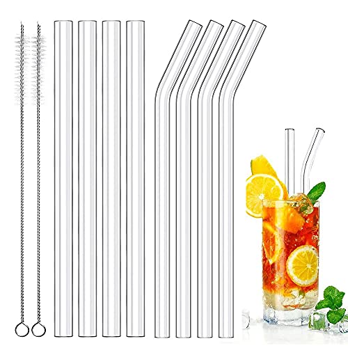 8 Piezas Pajitas Reutilizables, Juego de Pajitas de Cristal, Pajitas de Cristal Transparente, Vaso de Pajitas Rectas, Pajita de Vidrio Curvada, con 2 Cepillos de Limpieza, para Cócteles Batidos y Zumo Cover