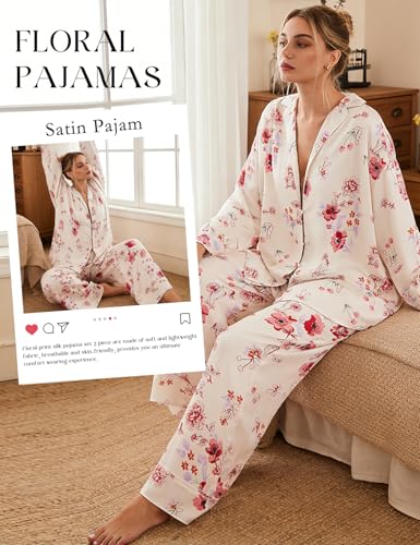 Image of Yimoon Satin Pajama Set for Women Silk Pajamas Set 2 Piece Floral Cute Pj Set Long Sleeve Pjs Sleepwear