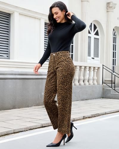 luvamia Wide Leg Jeans Woman Trendy High Waisted Leopard Cheetah Print Ankle Length Stretchy Denim Pants with Pockets