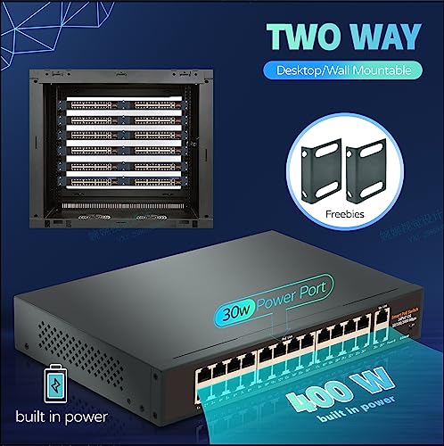 Image of 24-Port Unmanaged Gigabit PoE+ Switch with 2 Gigabit Uplink Ports, Up to 400W, IEEE 802.3af /at Compliant, VLAN Support, 250M Extend, Desktop /Wall Mount, Plug and Play Metal Network Switch