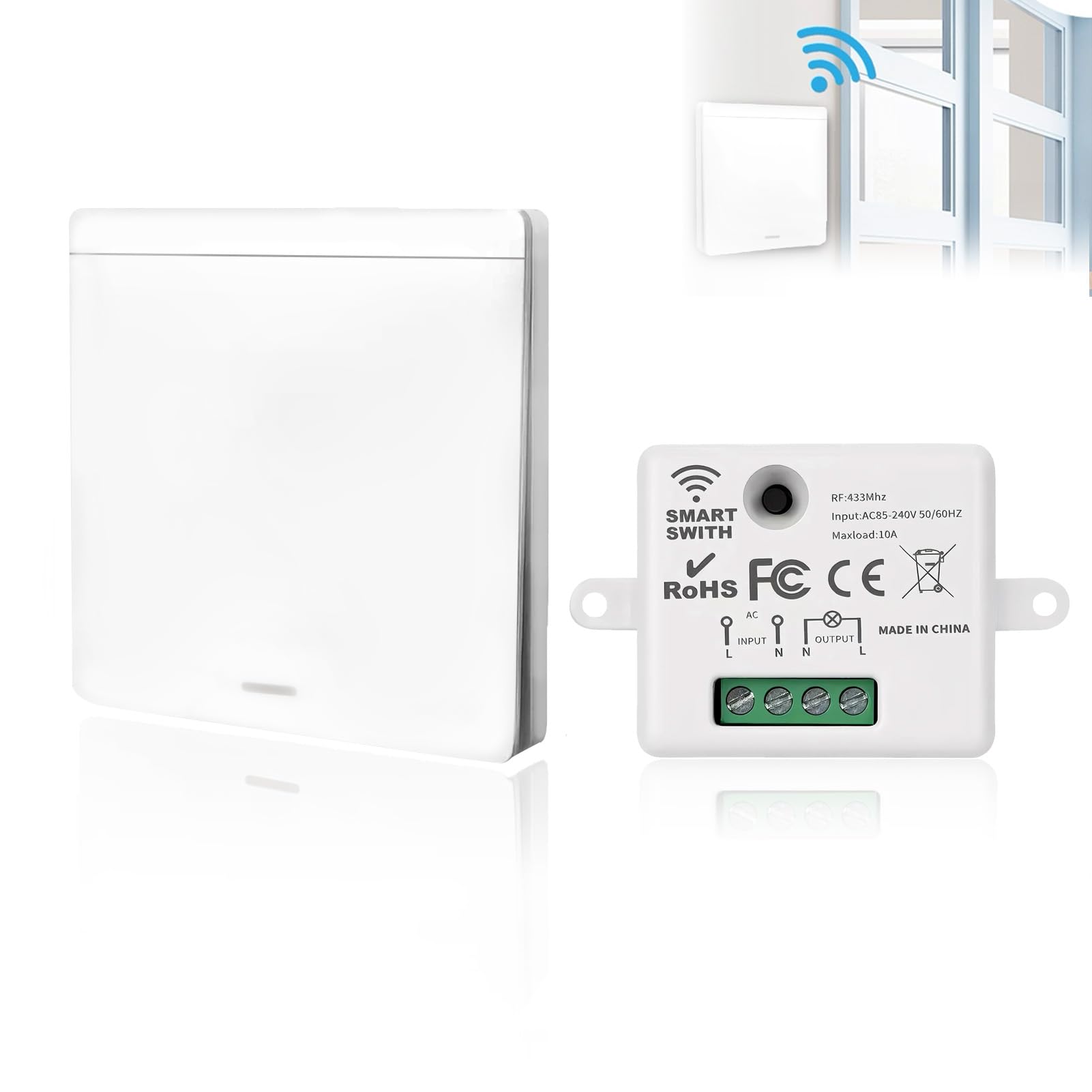 Interruptor de luz Inalámbrico, Interruptor Kit con Transmisor de RF y Controlador del Receptor 10A Fácil Instalación para Lámpara de Hasta 1500W, Control Remoto Alcance de 50M