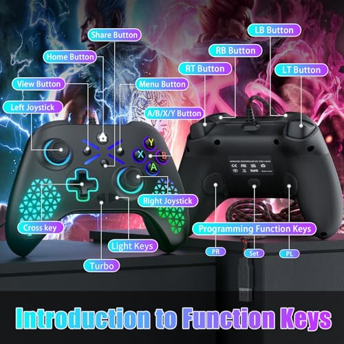 Image of Dinosoo 10ft Wired RGB Wireless Controller for Xbox Series X|S, One & PC, Turbo, Macro Function, Dual Vibration, 3.5mm Audio Jack - Black