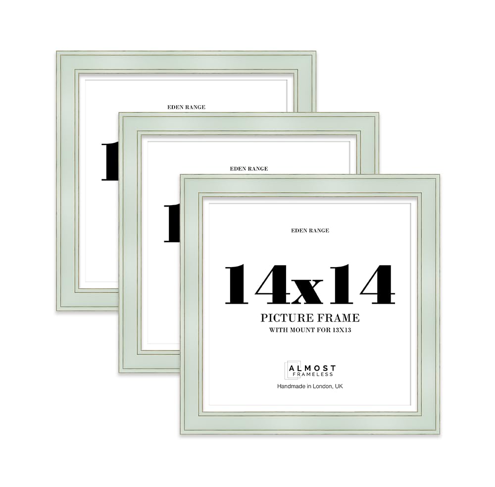 14x14" Sage Green Square Picture Frame with 13x13" Mount - Shabby Chic Photo Frame with Distressed Finish, Gold Trim, Wall Hooks, 37mm Edge - 3 Pack