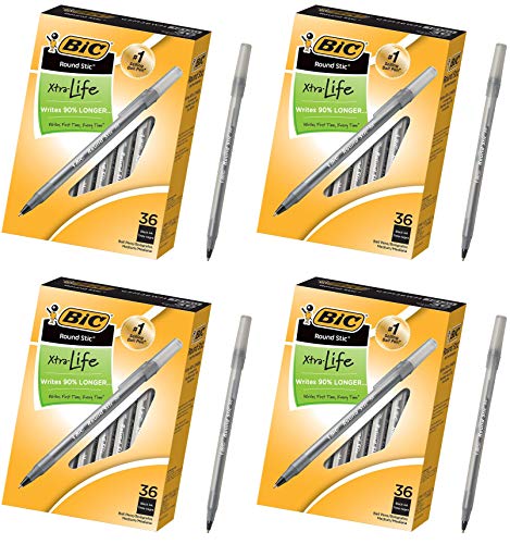 BIC Round Stic Xtra Life Ballpoint Pen, Medium Point (1.0mm), Black, 36-Ct - 4 Pack