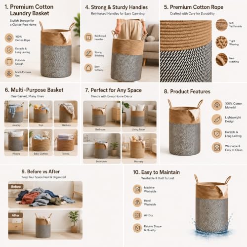 Image of Laundry Basket for Clothes | Large Cotton Rope Basket | Foldable Laundry Hamper with Handles | Clothes Storage Basket for Bedroom, Bathroom & Laundry Room | 33 x 33 x 38 cm