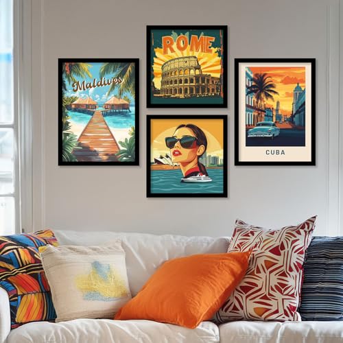 Image of kotart Retro Travel Theme - Modern Art City Vibes Wall Decor Photo Frames - Framed Posters - Wall Poster with Frame for Room Office Living Room Hotel Home Decor Set of 8 (Art 5, Big(13x17 or 13x13 inch), Framed)