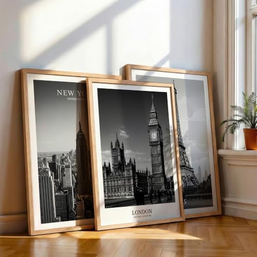 Image of NoWorries Black & White City Wall Art Framed Painting Set of 3 | New York London Paris Skyline Prints with Frame | Modern Minimalist Travel Poster Wall Decor Frames for Living Room, Bedroom and Office | Ready to Hang (Art-1, 21x31inch, Wooden)