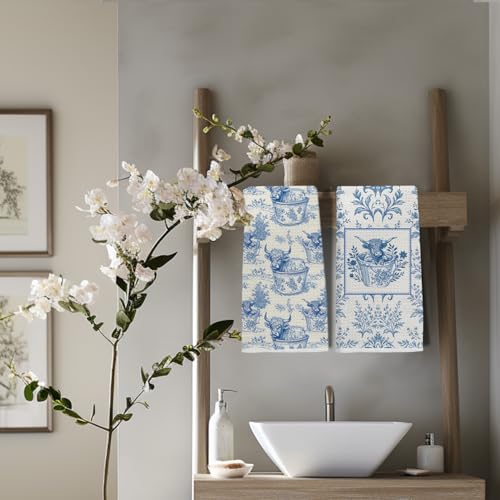 Image of Vintage Blue Chinoiserie Floral Highland Cow Kitchen Towels, Highland Cow Gifts Dish Tea Towels, Grandmillennial Farmhouse Heifer Decorative Hand Towel for Bathroom, 16x24 Inch Set of 2
