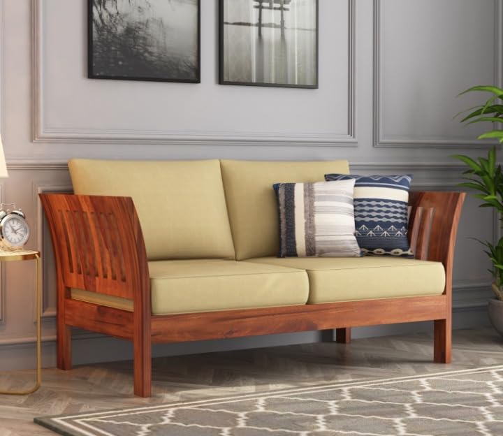 Image of Solid Sheesham Wood Two Seater Sofa Set with Cushion | Wooden 2 Seater Sofa for Home Bedroom Living Room Hall and Office (Honey Finish)