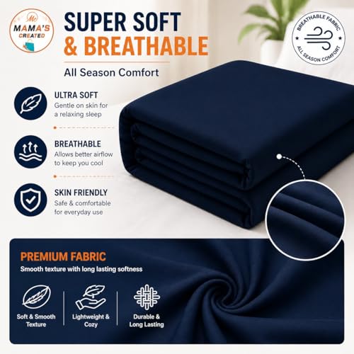 Image of King Size Bed Sheet - 600 Thread Count Single Flat Sheet Only - Long Staple Egyptian Cotton Top Sheet Wrinkle & Fade Resistant - Navy Blue
