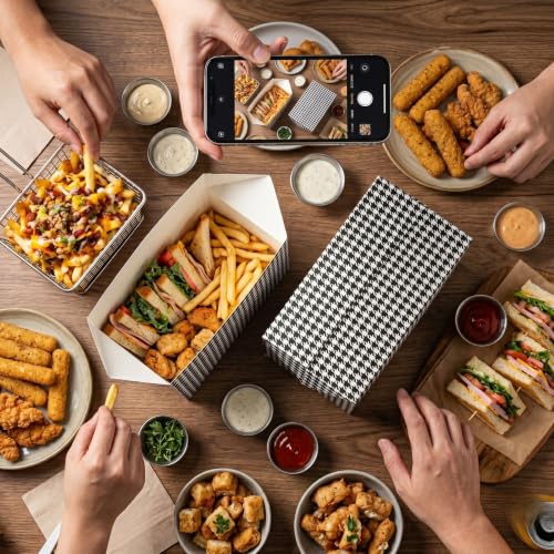 Image of Restaurantware Bio Tek 80 Ounce To Go Boxes 400 Rectangle Take Out Food Containers - Fast Top Closure Disposable Black Houndstooth Paper Carry Out Containers For Burgers Or Fried Chicken