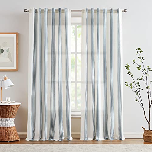 Jinchan Striped Linen Curtains 90 Inch Long For Living Room Blue Stripe Curtains Semi Sheer Curtains Back Tab Light Filtering Modern Farmhouse Coastal Drapes For Bedroom Window Curtain Set 2 Panels #TOP1