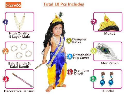 Image of Sarvda Shree Krishna Dress for Baby Boy & Radha Dress for Girls | Janamashtami Dress | Fancy Dress Costume with Accessories Dhoti, Dupatta, Mukut Flute Complete set, Ethnic wear